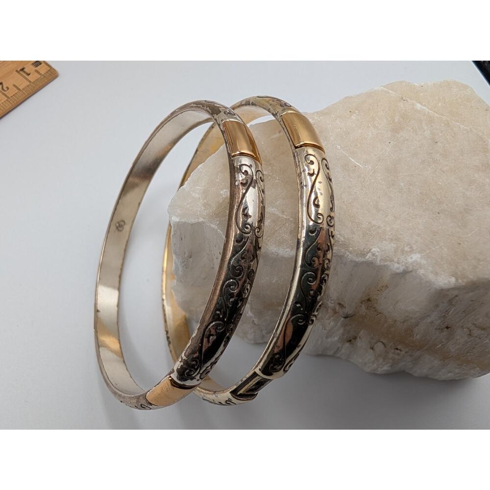 Brighton Ornate Two-Tone Hinged Bangle Bracelet Set Scroll Design AS IS